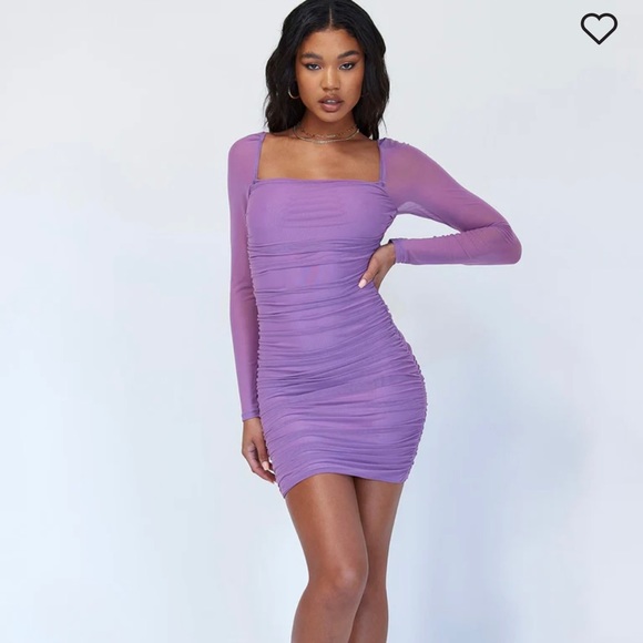 MESH LONG SLEEVE MINI DRESS PURPLE - Picture 1 of 9